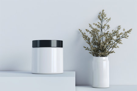 White cosmetic jar without label and a vase with dried flowers on a white table. mock upの素材