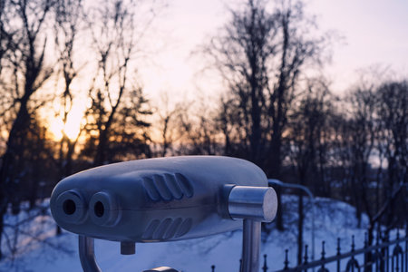 Coin Operated Binoculars on the Background of Winter Landscapeの写真素材