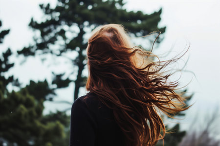 Portrait of a beautiful young girl with long hair in the windの素材