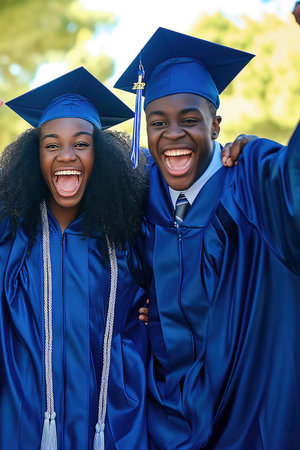happy african american students in graduation gowns with diplomasの素材