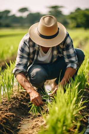 Farmer working in the rice field, planting rice seedlings.の素材