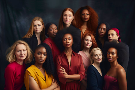 Multiethnic group of women standing together, looking at camera.の素材
