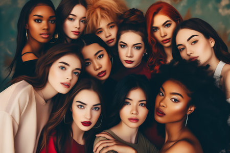 Group of multiethnic women with different hairstyles and makeup posing at studioの素材