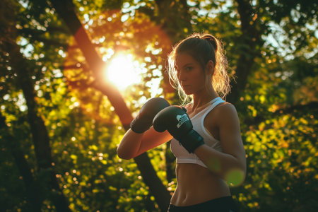 Athletic young woman in sportswear is boxing outdoors.の素材