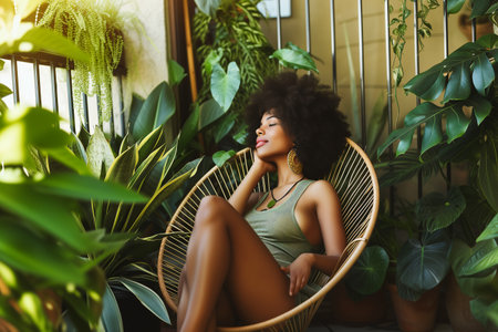 Beautiful african american woman with afro hairstyle, sitting in rattan chairの素材