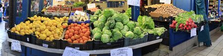 Budapest Hungary 22 4 2019: Colorful market stall with vegetables and fruit.のeditorial素材