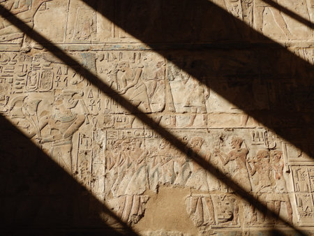 Hieroglyphs in ancient egypt masked in light shadow.