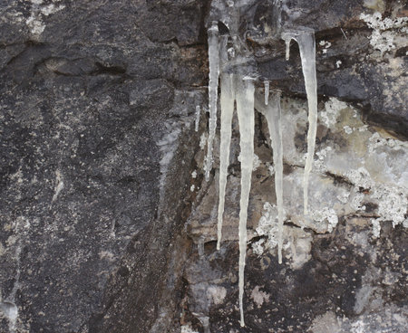 Small Icicles hanging from rock crearting a frosty winter cold mood.