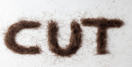 Cut off hair arranged into the word cut against white background creating letters made of hair reminder to go to hairdresser.の写真素材