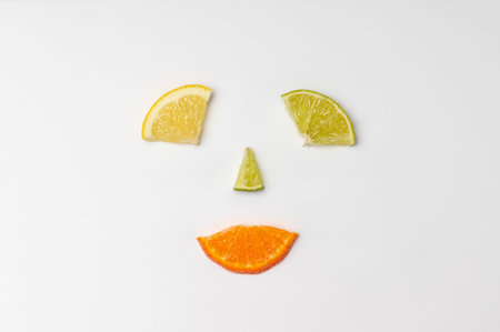 Citrus fruit slices minimal flat lay on white background arranged to make happy smiling face....