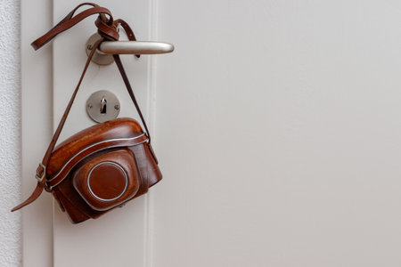 Vintage photo camera hanging on door handle white wall.の写真素材