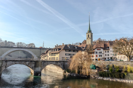 Bern old town cityscape with old buildings Bern Nydegg church and Aare river view, Bern is capital of Switzerland.の写真素材