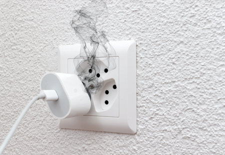 Smoke on electric wire plug phone charger in indoor, electric short circuit causing fire on plug...