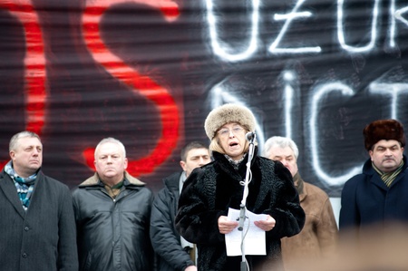 Maia Martinenco (profesor) speaks in front of the protesters in Chisinau (Moldova) during Â the protest against the current administration.Â The people have come from different parts of the country at the initiative of Iurie Rosca, the leader of Popular Cのeditorial素材