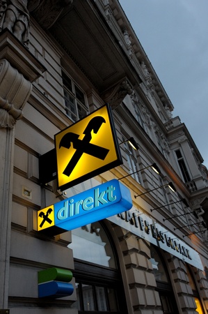 VIENNA - JULY 4:Raiffeisen Bank (Raiffeisen Zentralbank Ãsterreich AG) branch located in Vienna, Austria. The RZB Group is the third largest Austrian bank group with more than 500 branches and is one of the leading retail banks in Switzerland.のeditorial素材