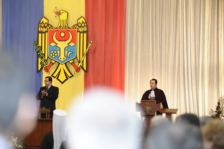 Marian Lupu (left), Acting President of the Republic and Alexandru Tanase (right), the current President of the Constitutional Court of Republic of Moldovaのeditorial素材