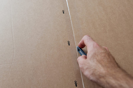 Man cutting a cardboard box with sharp steel box cutter knife to open it.