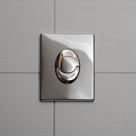 Economic toilet flush knob with two separate buttons  Grey tiles background