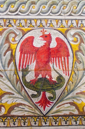 Old fresco with red magic eagle and green magic turtleの写真素材