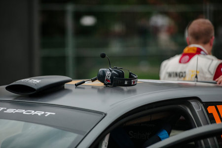 STRASBOURG, FRANCE - OCTOBER 03: Pilot headphones left on a racing car during Super Special Stage 1...