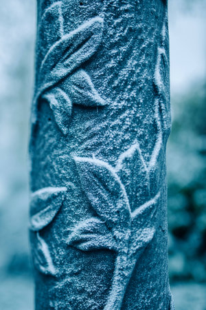 Rime covering old traditional luxury street light post with ornament  Tilt-shift lens used for a better visual effectの写真素材