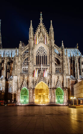 Cologne Cathedral (KÃ¶lner Dom) detail of the facade at nightの写真素材