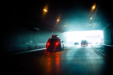 Speeding car inside a highway tunnel exiting to white calm lightの写真素材