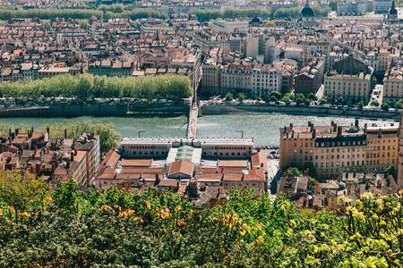 Lyon skyline and with brdige over Saone river, as seen from the Fourviere hillの写真素材