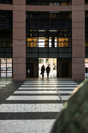 STRASBOURG, FRANCE - JANUARY 28, 2014: Parliamentarians exiting the main entrance of the Louise Weiss building, Seat of the European Parliament in Strasbourg, France
のeditorial素材