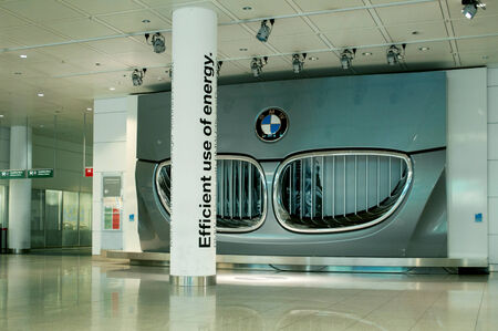 MUNCHEN, GERMANY - May 25, 2010  Huge radiator grill of an electric BMW car as an advertising for electric care development as seen in Munich Airport on May 25 のeditorial素材