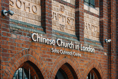 LONDON, UNITED KINGDOM - AUGUST 28, 2013  Facade of the Chinese Church in London at Soho Outreach Center as seen in London, United Kingdom のeditorial素材