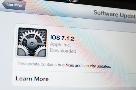 PARIS, FRANCE - September 10, 2014: iOS software update for digital tablet iPad as seen on 10 September 2014, just after the announcement of iOS のeditorial素材