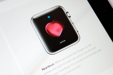 PARIS, FRANCE - September 10, 2014: Apple Computers website close up details seen on iPad with the newly launched Apple Watch Standard wearable technologies as seen on 10 September, 2014. One of the inovation is Heartbeat - personalized heartbeat can be sのeditorial素材