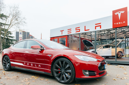 PARIS, FRANCE - NOVEMBER 29: New Tesla Model S showroom has arrived in Paris, France. Tesla is an American company that designs, manufactures, and sells electric carsのeditorial素材