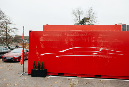 PARIS, FRANCE - NOVEMBER 29: Tesla showroom has arrived in Paris, France. Tesla is an American company that designs, manufactures, and sells electric carsのeditorial素材