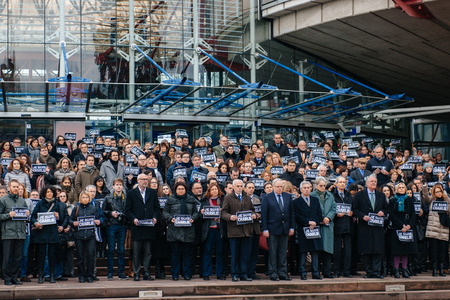 STRASBOURG, FRANCE - 8 JAN 2015: European Court of Human Rights President Dean Spielmann and Registrar Erik Fribergh, Judges and jurists observe a minute of silence in Strasbourg for the victims of an attack by armed gunmen on the offices of French satiriのeditorial素材
