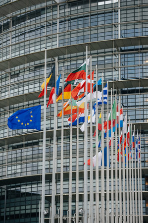 The French and European Union Flag flies at half-mast in front of the European Parliament in...