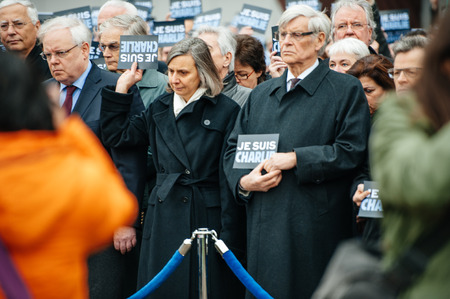 STRASBOURG, FRANCE - JANUARY 09, 2015: Thorbjorn Jagland - Secretary General of the Council of Europe and COE employees attend to a silent vigil to condemn the gun attack at French satirical magazine Charlie Hebdo office in Paris, which killed 12 people oのeditorial素材