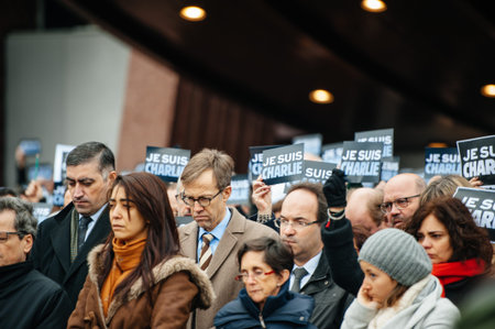 STRASBOURG, FRANCE - JANUARY 09, 2015: Council of Europe employees holding JE SUIS CHARLIE poster...