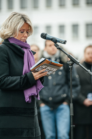STRASBOURG, FRANCE - JANUARY 09, 2015: Thorbjorn Jagland - Secretary General of the Council of Europe and COE employees attend to a silent vigil to condemn the gun attack at French satirical magazine Charlie Hebdo office in Paris, which killed 12 people oのeditorial素材