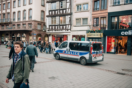 STRASBOURG, FRANCE - 10 JAN, 2015: Police van monitoring the center of Strasbourg after the terrorist attacks in Paris on January 11, 2015のeditorial素材