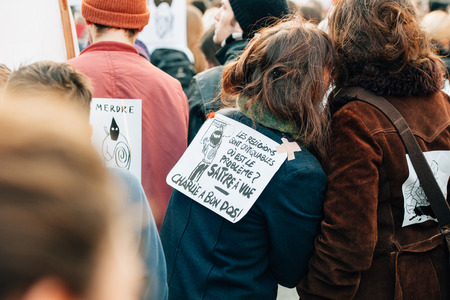 STRASBOURG, FRANCE - 11 JAN, 2015:  People hold placards reading 'Je suis Charlie' during a unity rally (Marche Republicaine) where some 50000 people took part in tribute three-day killing spree in Parisのeditorial素材