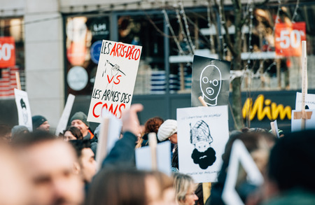 STRASBOURG, FRANCE - 11 JAN, 2015:  People hold placards reading 'Art-Deco vs Guns' during a unity rally (Marche Republicaine) where some 50000 people took part in tribute three-day killing spree in Parisのeditorial素材