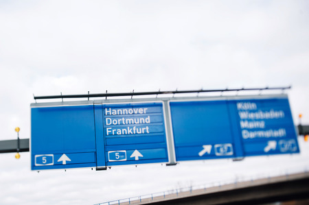 NEAR DORTMUND, GERMANY - NOV 12, 2012: Bundesautobahn 5 or Federal Motorway highway 5 sign. It runs through the German states of Hessen and Baden-WÃ¼rttemberg and connects on its southern ending to the Swiss A 2.Construction was started on 23 September 19のeditorial素材