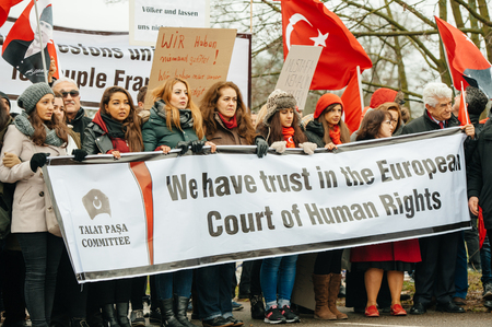 STRASBOURG, FRANCE - 28 JAN 2015 Turkey diaspora demonstrates near European Court of HR before the Perincek vs. Switzerland case begin. Armenian government was represented by Amal Clooneyのeditorial素材