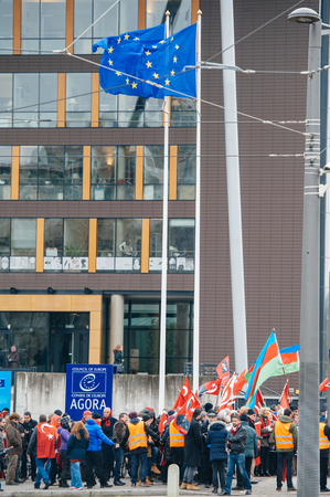 STRASBOURG, FRANCE - 28 JAN 2015 Turkey diaspora demonstrates near European Court of HR before the Perincek vs. Switzerland case begin. Armenian government was represented by Amal Clooneyのeditorial素材
