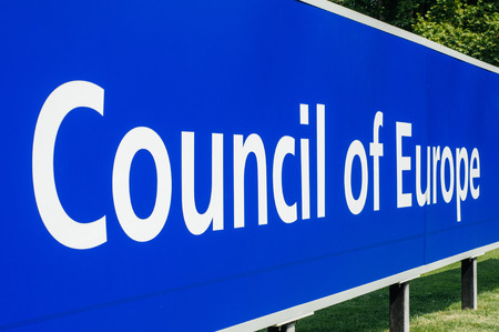 STRASBOURG, FRANCE - JUNE 29, 2010: Perspective view of Council of Europe main signage in front of the building. The Council of Europe (CoE; French: Conseil de l'Europe) is an advisory international organisation promoting co-operation between European couのeditorial素材