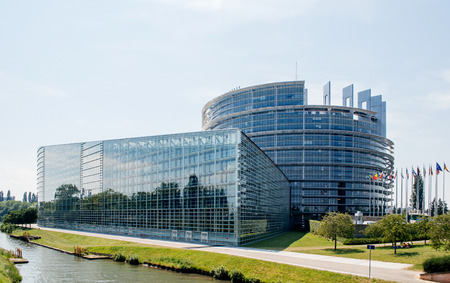 STRASBOURG, FRANCE - JUNE 29: Large facade of the European Parliament in Strasbourg, France on June 29,  2010. The European Parliament (or EU Parliament or the EP) is the directly elected parliamentary institution of the European Union (EU)のeditorial素材