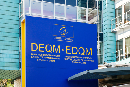 STRASBOURG, FRANCE - JUNE 29: EDQM Building signage - European Directorate for the Quality of Medicines and Health Care. EDQM is located in Strasbourg and plays essential role in the complex regulatory framework in place for medicines in Europeのeditorial素材