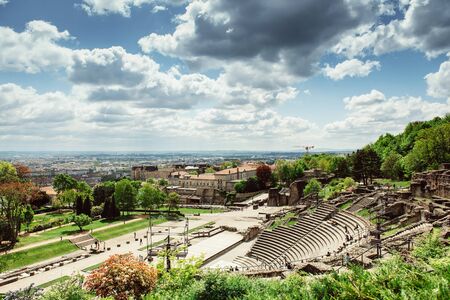 LYON, FRANCE - 19 APR 2014: Aerial of the Amphitheatre of the three Gauls in Lyon, Rhone-Alpes, France. Built during the Roman civilisation, 1st century BC.の写真素材